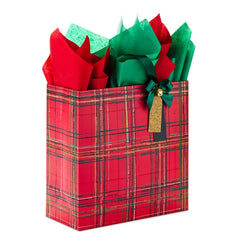 12.5" Red Plaid With Bell Extra-Large Christmas Gift Bag With Tissue Paper