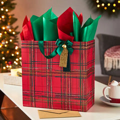 12.5" Red Plaid With Bell Extra-Large Christmas Gift Bag With Tissue Paper