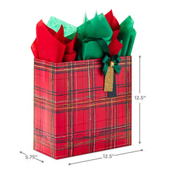 12.5" Red Plaid With Bell Extra-Large Christmas Gift Bag With Tissue Paper