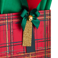 12.5" Red Plaid With Bell Extra-Large Christmas Gift Bag With Tissue Paper