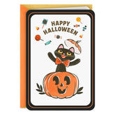 Vintage Black Cat in Pumpkin Halloween Card for Kids
