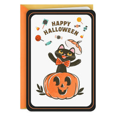 Vintage Black Cat in Pumpkin Halloween Card for Kids