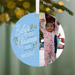 Baby's First Christmas Round Metal Personalized Ornament, Custom Vertical Photo and Text