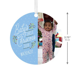 Baby's First Christmas Round Metal Personalized Ornament, Custom Vertical Photo and Text