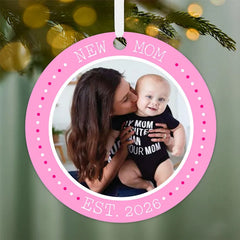 New Mom Round Metal Personalized Ornament, Custom Photo and Text