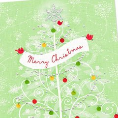 Snowy Tree With Ornaments and Cardinals Christmas Card