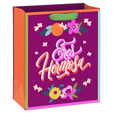 9.6" Eres Hermosa Flowers on Dark Purple Medium Gift Bag