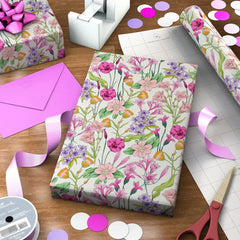 Spring Flowers on White Wrapping Paper Roll, 20 sq. ft.
