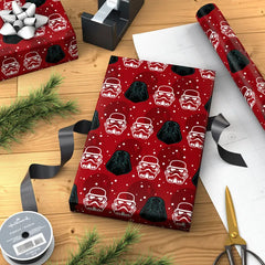 Star Wars™ Darth Vader™ and Stormtrooper™ Helmets on Red Holiday Wrapping Paper Roll, 25 sq. ft.