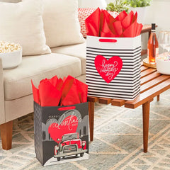 13" Stripes and Red Truck 2-Pack Large Valentine's Day Gift Bags With Tissue Paper
