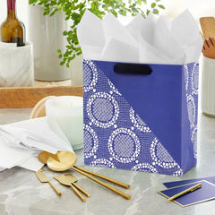 13" Blue Diagonal and Lace Large Gift Bag