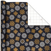 White and Gold Snowflakes on Black Holiday Wrapping Paper Roll, 35 sq. ft.