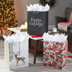 17" Wintry Watercolor 3-Pack Assortment X-Deep Christmas Gift Bags