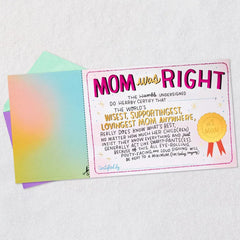 Mom Was Right Certificate Funny Birthday Card for Mom