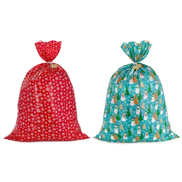 Snowmen on Blue and Snowflakes on Red 2-Pack Giant Plastic Christmas Gift Bags