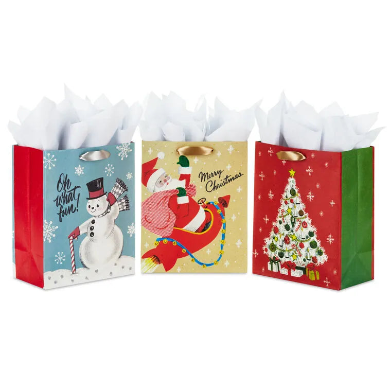 9.6" Retro Fun 3-Pack Medium Christmas Gift Bags With Tissue Paper Assortment