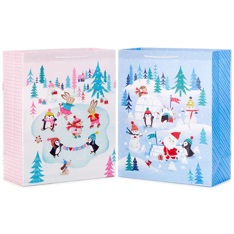 15.5" Cute Winter Scenes 2-Pack XL Christmas Gift Bags