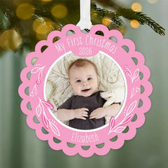 Baby's First Christmas Pink Scalloped Metal Personalized Ornament, Custom Photo and Text