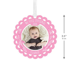 Baby's First Christmas Pink Scalloped Metal Personalized Ornament, Custom Photo and Text