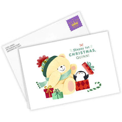 Teddy and Penguin Baby's First Custom Christmas Card
