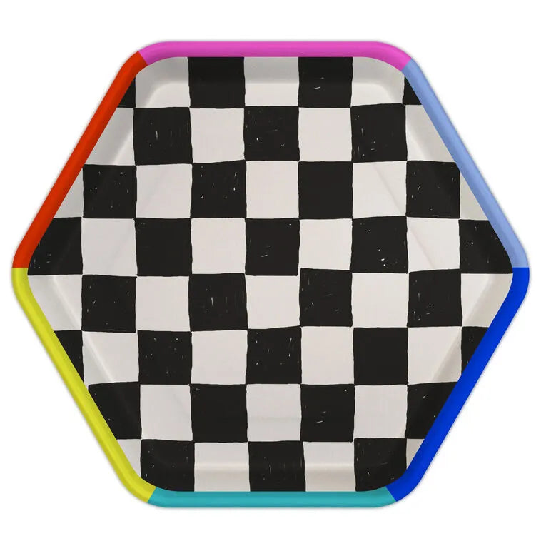 Black and White Checkered Hexagonal Dessert Plates, Pack of 8