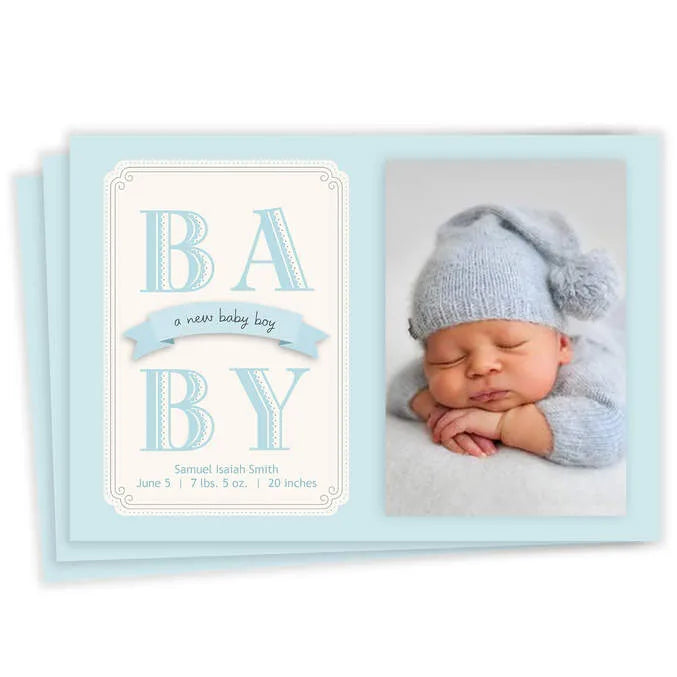 Classic Blue Banner Baby Boy Flat Birth Announcement