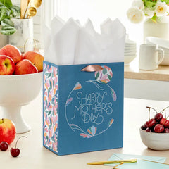 9.6" Happy Mother's Day Blue Floral Medium Gift Bag With Tissue Paper