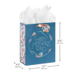 9.6" Happy Mother's Day Blue Floral Medium Gift Bag With Tissue Paper