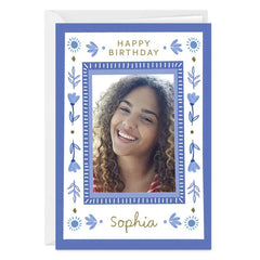 Blue Folk Art Flowers Custom Birthday Card