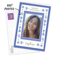 Blue Folk Art Flowers Custom Birthday Card