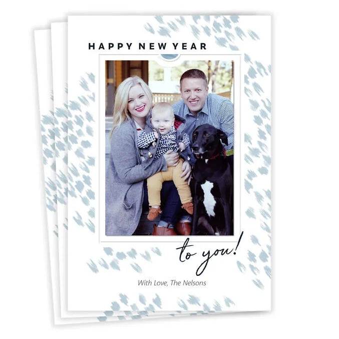 Elegant White and Blue Flat New Year Photo Card