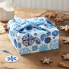 26" Blue Snowflakes Holiday Fabric Gift Wrap With Gift Tag
