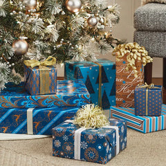 Elegant Blues 4-Pack Blue and Gold Reversible Wrapping Paper, 150 sq. ft.