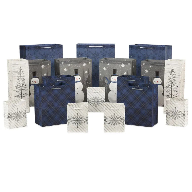 Bulk Blue and Gray 18-Pack Holiday Gift Bags, Assorted Sizes and Designs