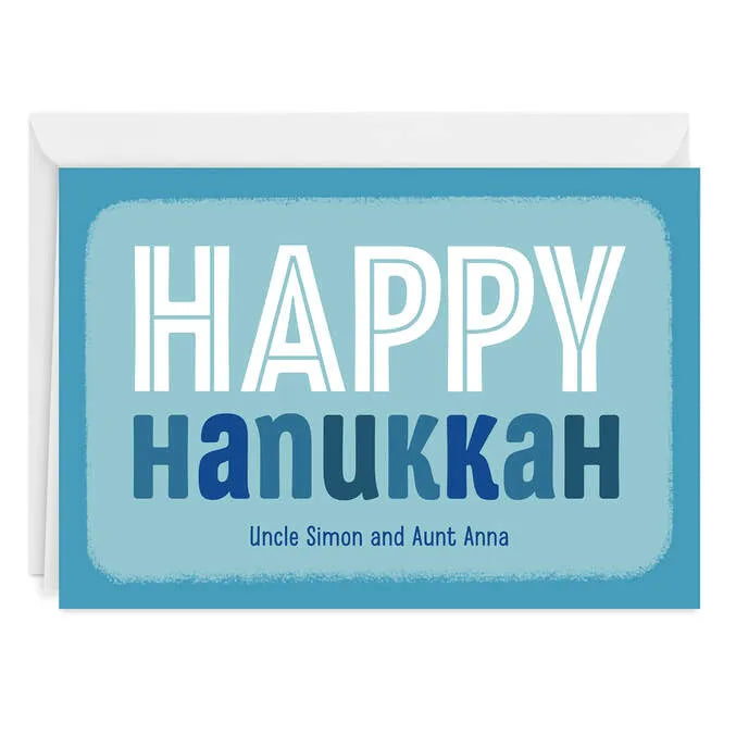 Blue and White Block Lettering Custom Hanukkah Card