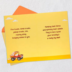 Cake and Construction Worker Animals in Trucks 4th Birthday Card