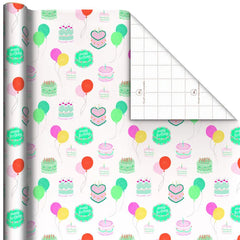 Colorful Birthday Cakes on White Wrapping Paper Roll, 20 sq. ft.