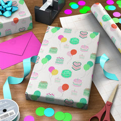 Colorful Birthday Cakes on White Wrapping Paper Roll, 20 sq. ft.