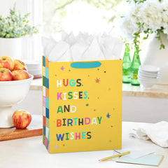 13" Hugs, Kisses and Birthday Wishes on Yellow Large Gift Bag