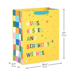 13" Hugs, Kisses and Birthday Wishes on Yellow Large Gift Bag