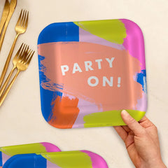 Colorful Brushstroke "Party On" Dinner Plates, Pack of 8