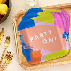 Colorful Brushstroke "Party On" Dinner Plates, Pack of 8