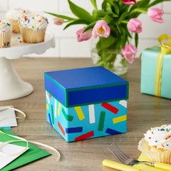 5" Square Colorful Confetti on Blue Gift Box