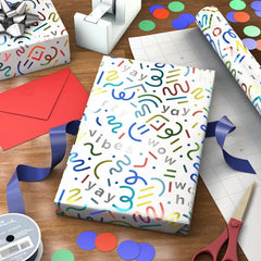 Party Streamers and Squiggles on White Metallic Wrapping Paper Roll, 17.5 sq. ft.