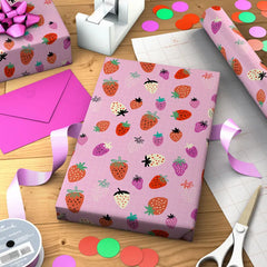 Strawberry-Scented Colorful Berries on Pink Wrapping Paper Roll, 15 sq. ft.