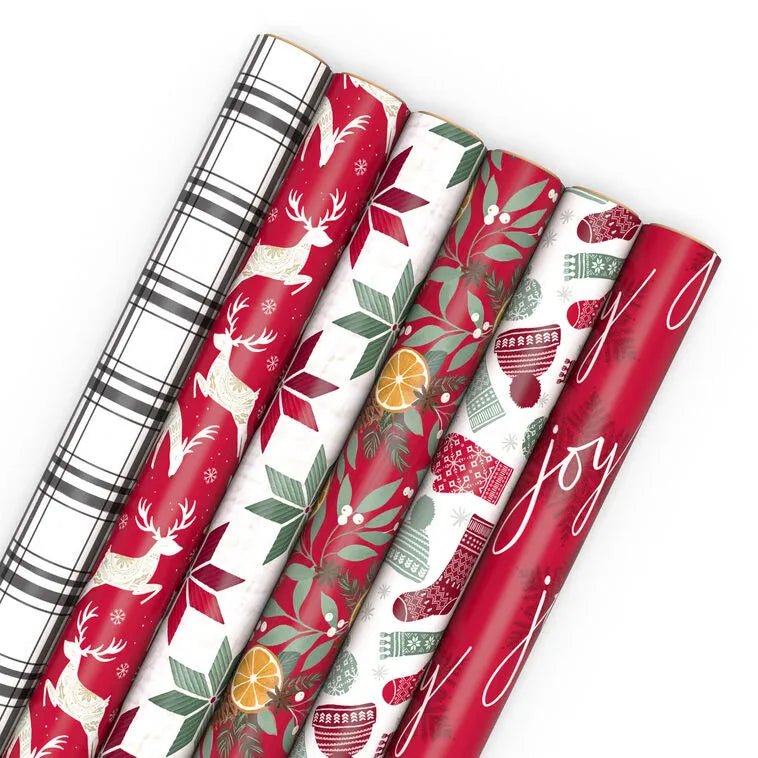 Cozy Patterns 6-Pack Assorted Holiday Wrapping Paper Roll Bundle, 150 sq. ft. total