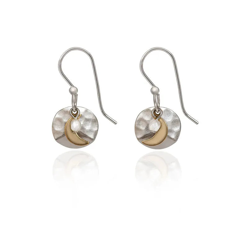 Silver Forest Crescent Moon on Hammered Disc Mixed Metal Drop Earrings
