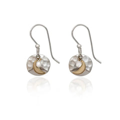 Silver Forest Crescent Moon on Hammered Disc Mixed Metal Drop Earrings