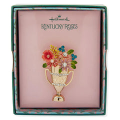 Kentucky Roses Gold Metal Trophy Pin With Enamel and Crystal Flowers