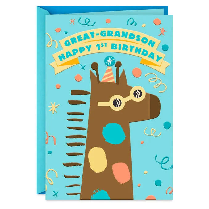 Cute Giraffe 1st Birthday Card for Great-Grandson